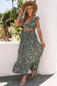 Women's Floral Ruffled Crop Top and Maxi Skirt Set for Fashionable and Fresh Style