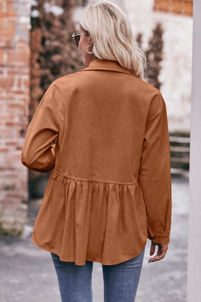 Brown Button Flap Pocket Flared Corduroy Shacket