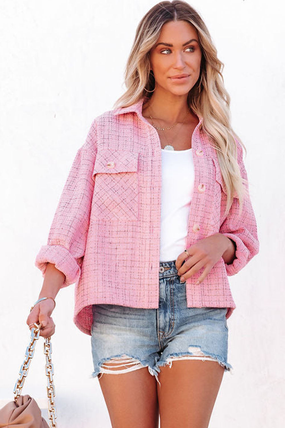 Pink Plaid Tweed Button Up Shacket