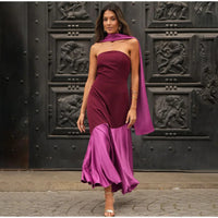 Elegant Patchwork Backless Shawl Women's Dress Fashion Loose Chic Sleeveless Pleated Hem Long Skirt 2025 Lady Party Robe New