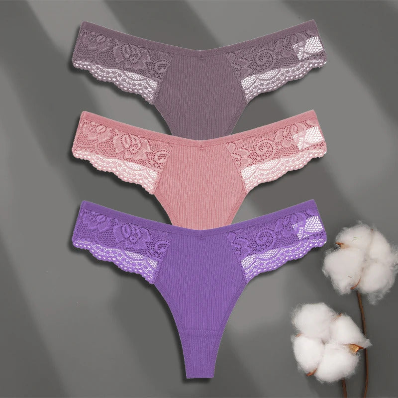 FINETOO 3Pcs Women's Cotton Underwear Lace Thongs Sexy Solid Color Low Waist Bikini Panties Ladies Breathable G-string Lingerie