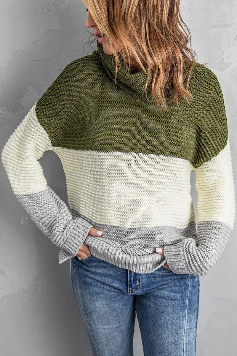 Green Turtleneck Color Block Pullover Sweater