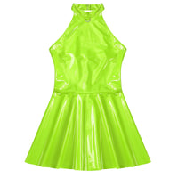 Womens Latex Swing Skirt Disco Dress Glossy Patent Leather Clubwear Halter Sleeveless Skater Mini Dress Rave Party Clubwear