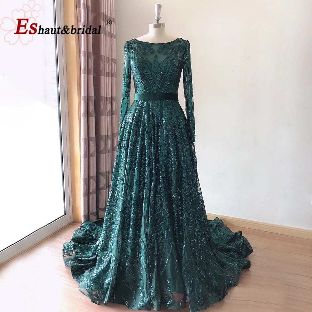 Dubai A-Line Luxury Wedding Evening Dress for Women Muslim 2024 Long Sleeves Sequin Plus Size Formal Prom Party Gown Customized