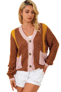 Brown Dual Pockets Colorblock Sweater Cardigan