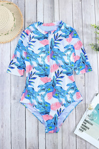 Red Blue Leaves Zip Front Half Sleeve One Piece Swimsuit