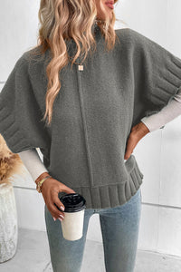 Medium Grey Mock Neck Batwing Short Sleeve Knit Sweater