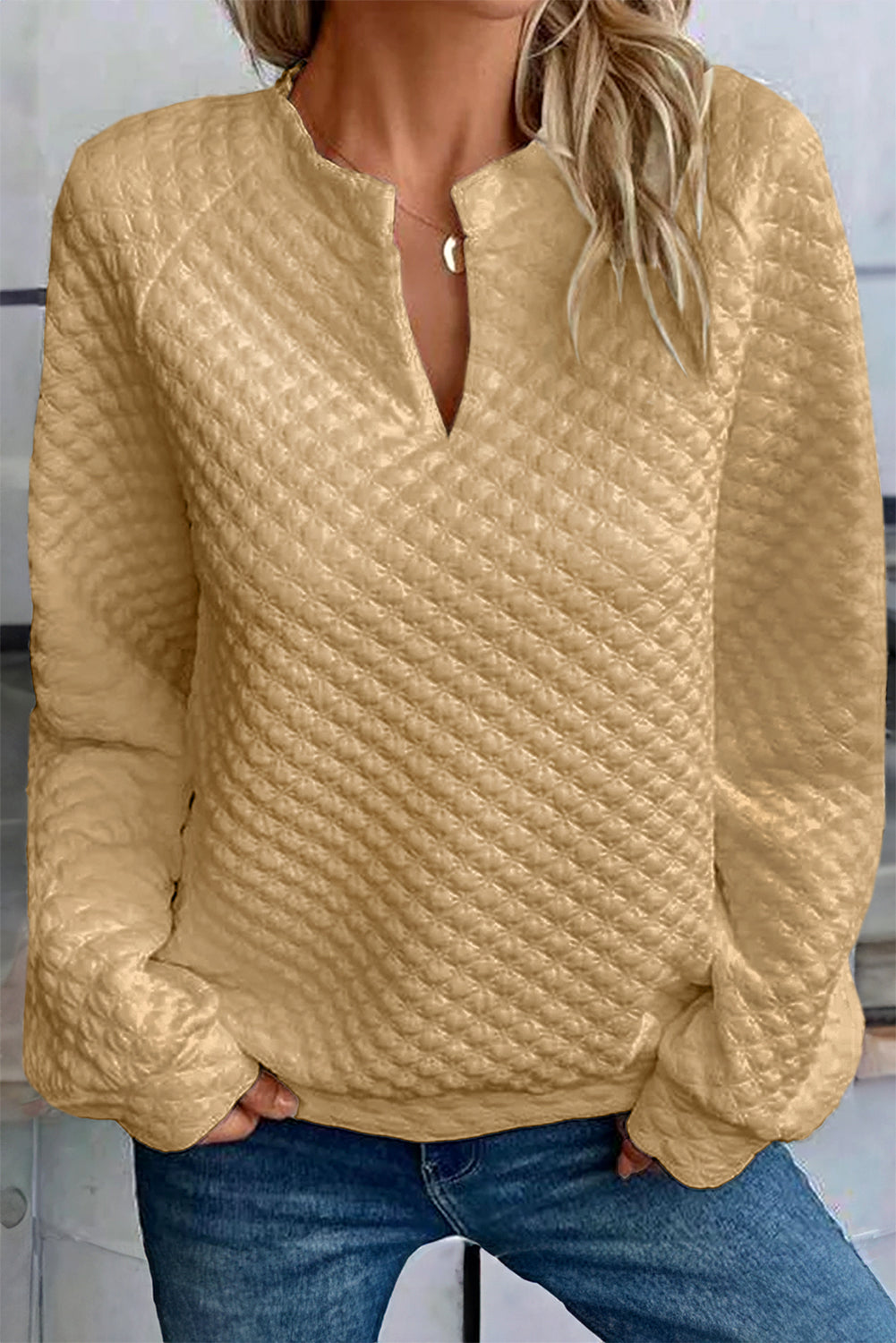 Light Pink Split Neck Quilted Long Sleeve Top