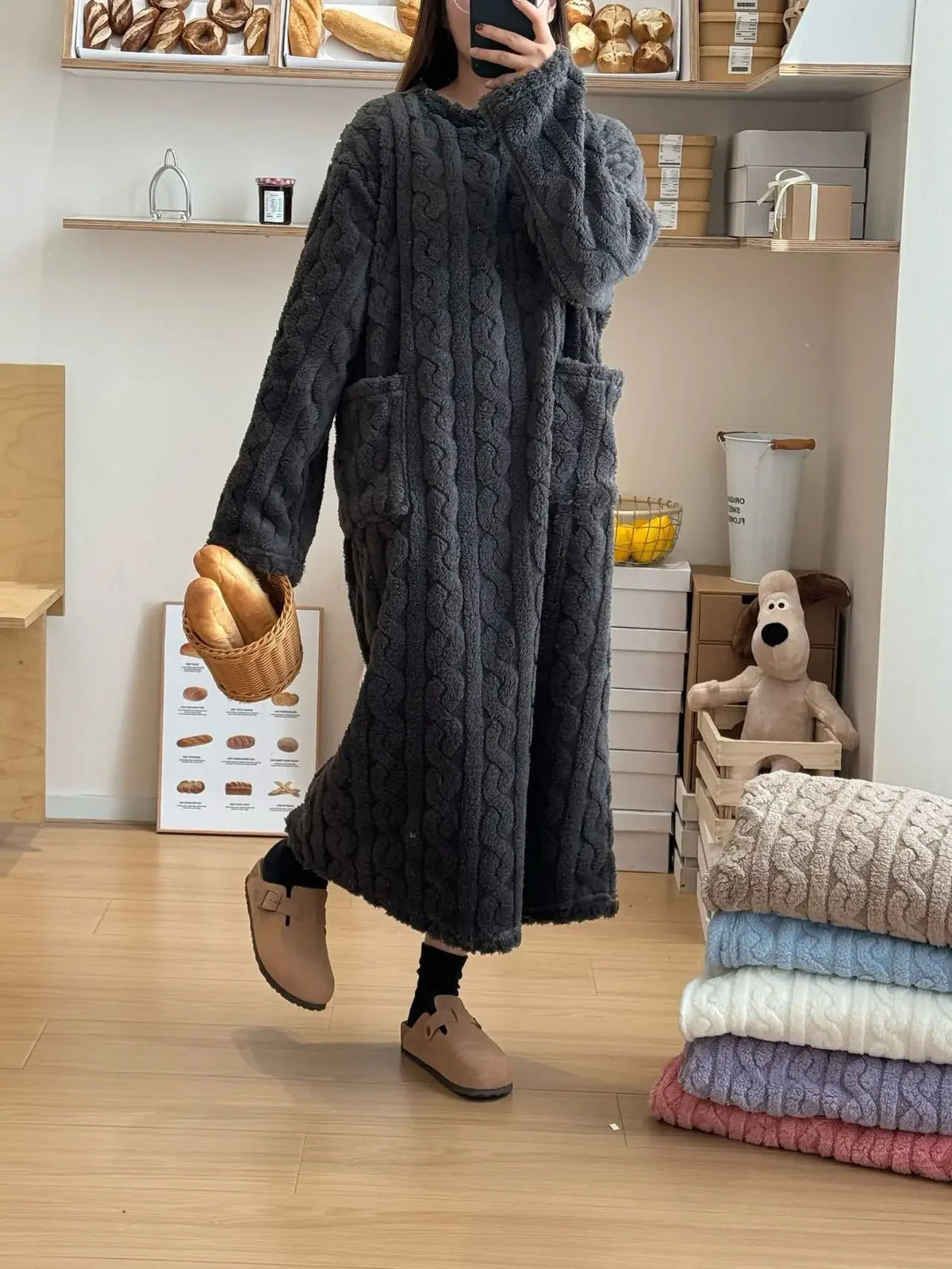 Winter Long Sleeve Double Pocket Flannel Nightgowns Women Loose Solid Sleepwear Jacquard Night Dress Thickened Warm Nightdress