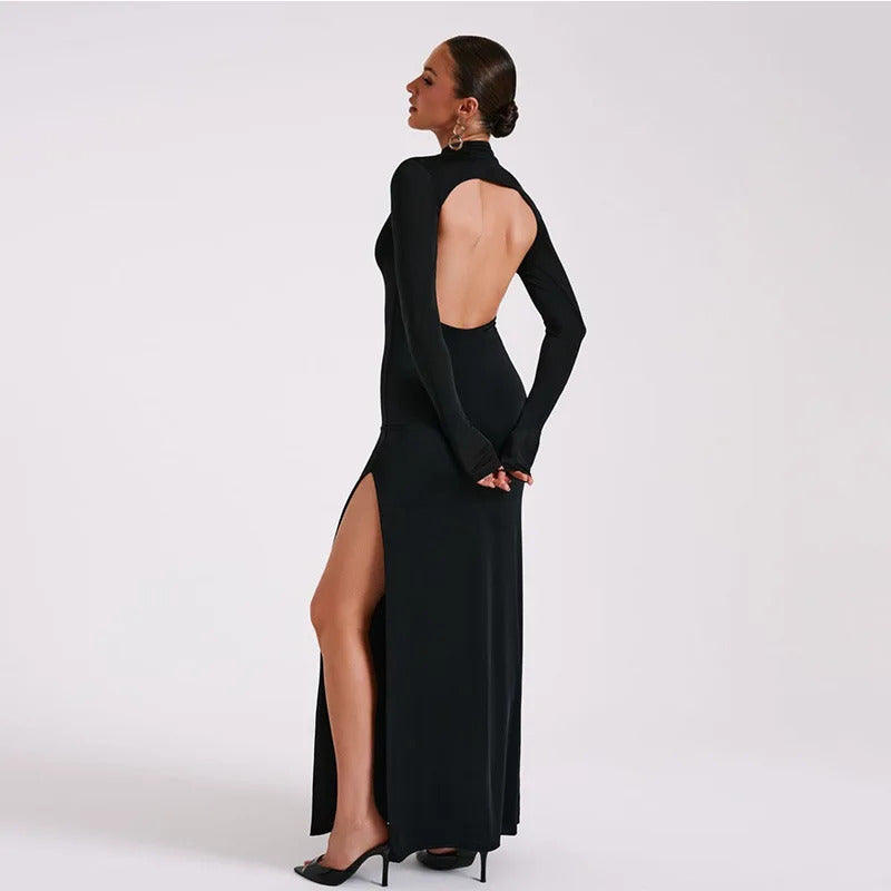 Tossy Black Backless Slim Long Dress For Women High Split Fashion Long Sleeve Patchwork Party Dress Ladies Elegant Maxi Dress