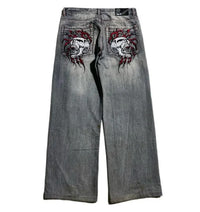 American retro skull print washed high street jeans for men and women casual straight loose and versatile wide leg trousers