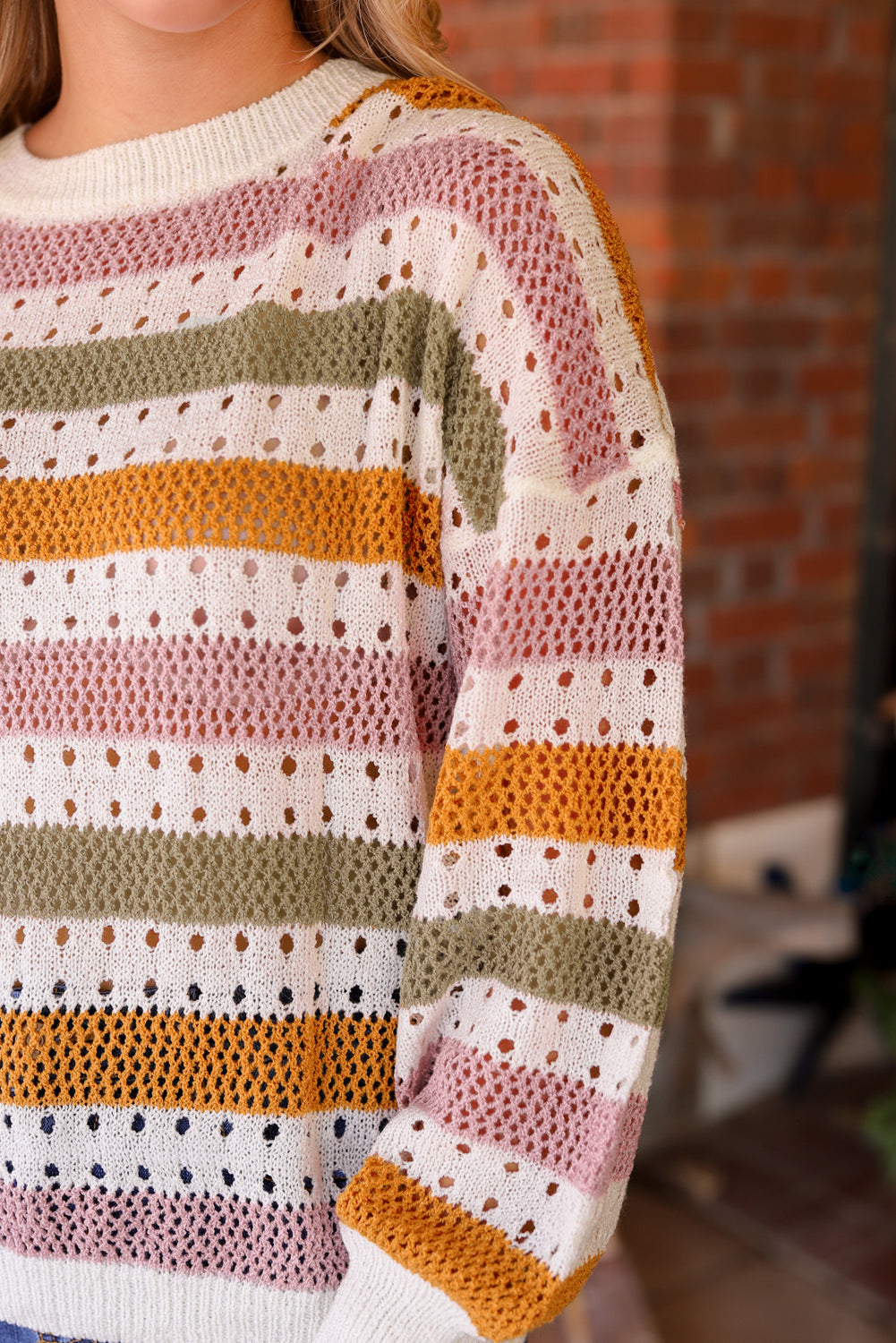 Tan Striped Hollowed Knitted Loose Sweater