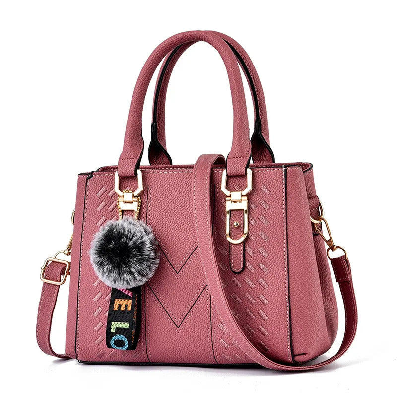 New women's handbag Fashion embroidery thread with hairball pendant large capacity shoulder bag travel Tote bag 01