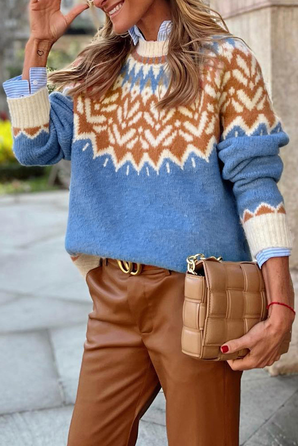 Blue Geometric Print Ribbed Trim Sweater