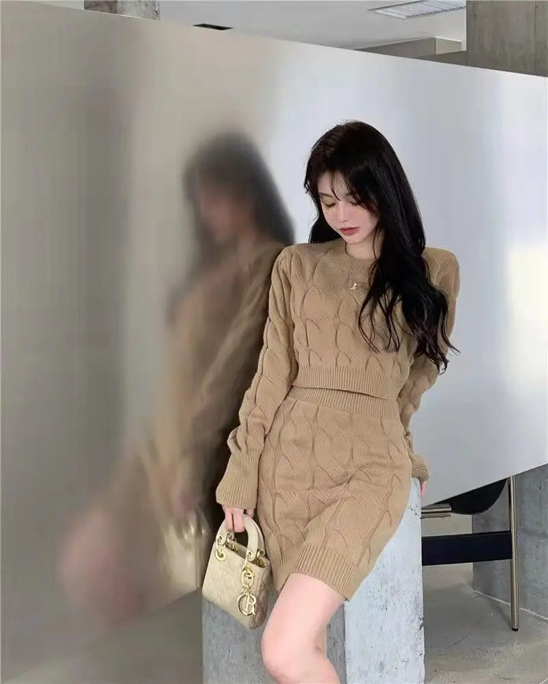 Two Piece OF Pullover Autumn/Winter Knitted Sweater Set Pure Desire Short Sweater Sexy Spicy Girl Arm Wrap Skirt Sweater Female