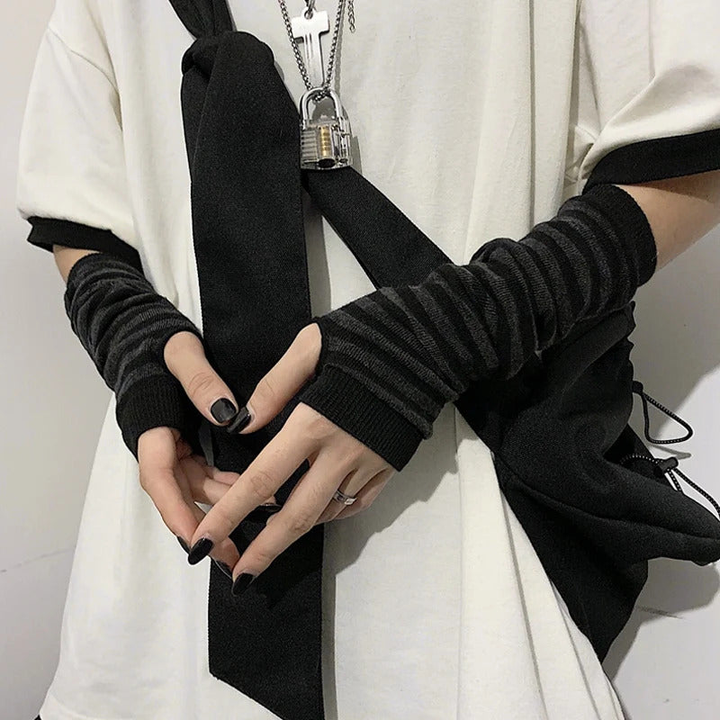 Punk Long Sleeves Fingerless Gloves Cuff for Women Men Stripe Hip-Hop Knitted Elbow Mittens Elastic Winter Arm Warmer Outdoor