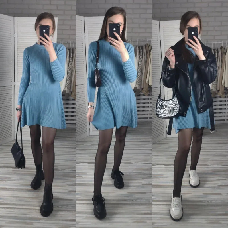 HLBCBG basic autumn winter short aline thick sweater dress elegant knit dress women slim mini dress Female chic knit sexy dress