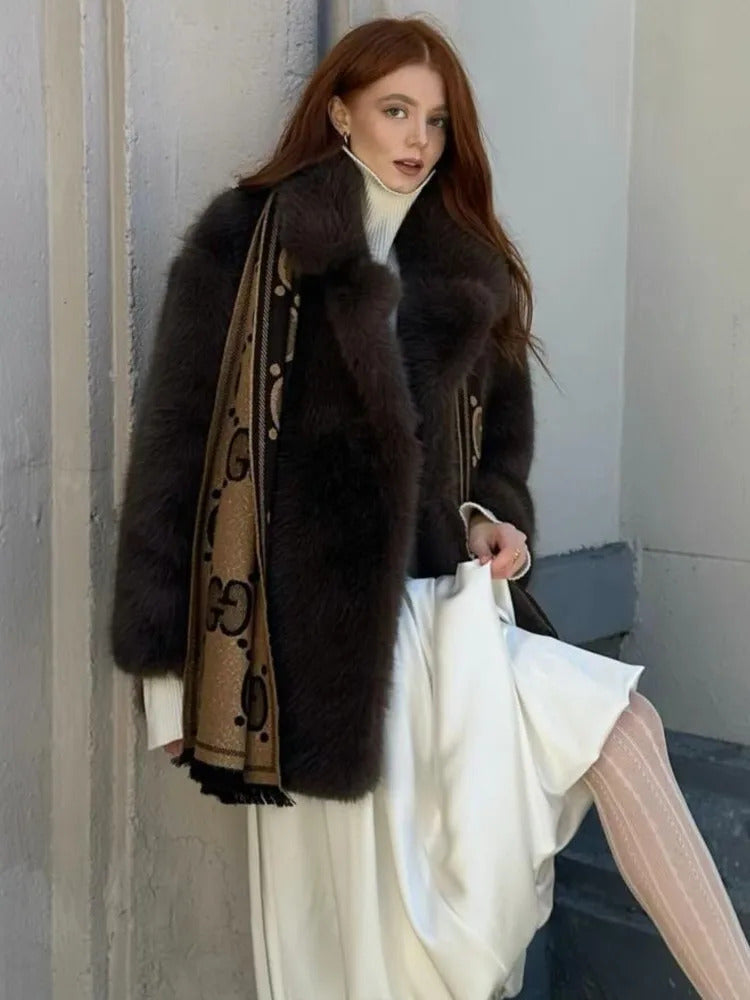 Mid-Length Women's Fur Coat Suit Collar Loose Imitation Fox Fur Plush Coats Warm Soft Thickened Winter Socialite Fur Overcoat