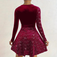 Women's Sexy V-Neck Sequin Glitter Belt Mini Dress Party Dresses Fashion Hot Sale Solid Elegant  Velvet Long Sleeve Dresses