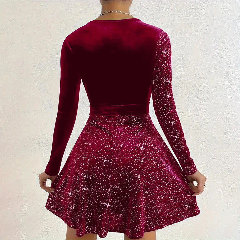 Women's Sexy V-Neck Sequin Glitter Belt Mini Dress Party Dresses Fashion Hot Sale Solid Elegant  Velvet Long Sleeve Dresses