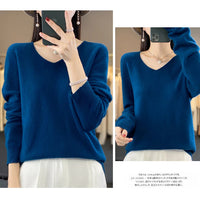 100% pure wool cashmere sweater women's V-neck pullover casual knit top autumn and winter women's coat Korean fashion