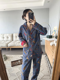 100% Cotton Pajamas for Women Loose Cartoon Long Sleeve Pants Loungewear Women 2 Piece Set Pj Women Outfit Sleepwear Set Pijamas