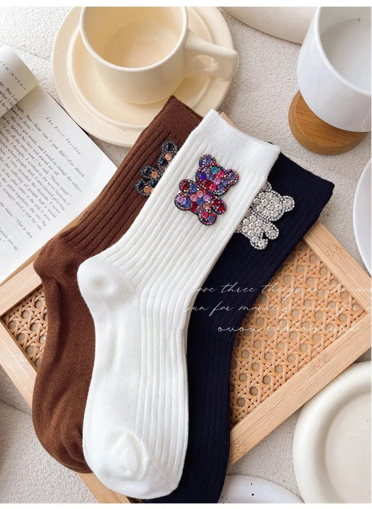 Diamond Cartoon Bear Decorative Socks, Fashionable Diamond Sparkling Women's Socks, Comfortable And Breathable Christmas Socks