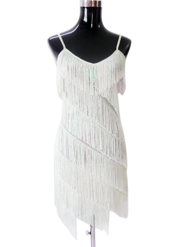 Women Sexy Tassel  Latin Dress Tiered Fringe Flapper Dress Evening Nightclub Dancing Fancy Costumes C-Neck Sequin Dress