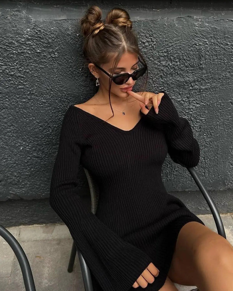 Talenza Knitted Off Shoulder V Neck Mini Dress Women's Sexy High Waist Long Sleeve Dress White Knitted Sweater Dress Robe Women