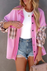 Black Plaid Patchwork Chest Pockets Oversized Shirt Jacket