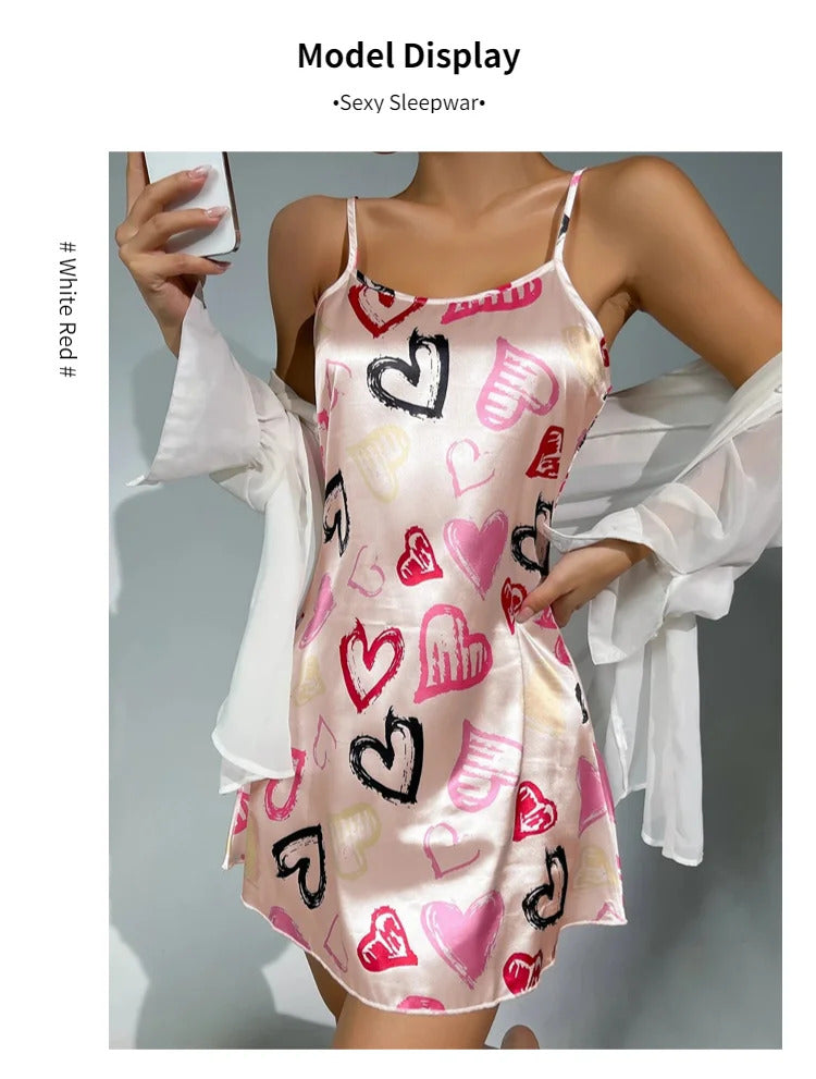 Ladies Sexy Sling Nightgown Nightdress Women's Sexy Lingerie Silk Satin Sleepwear Floral Pinting Nightwear Homewear Mini Dress