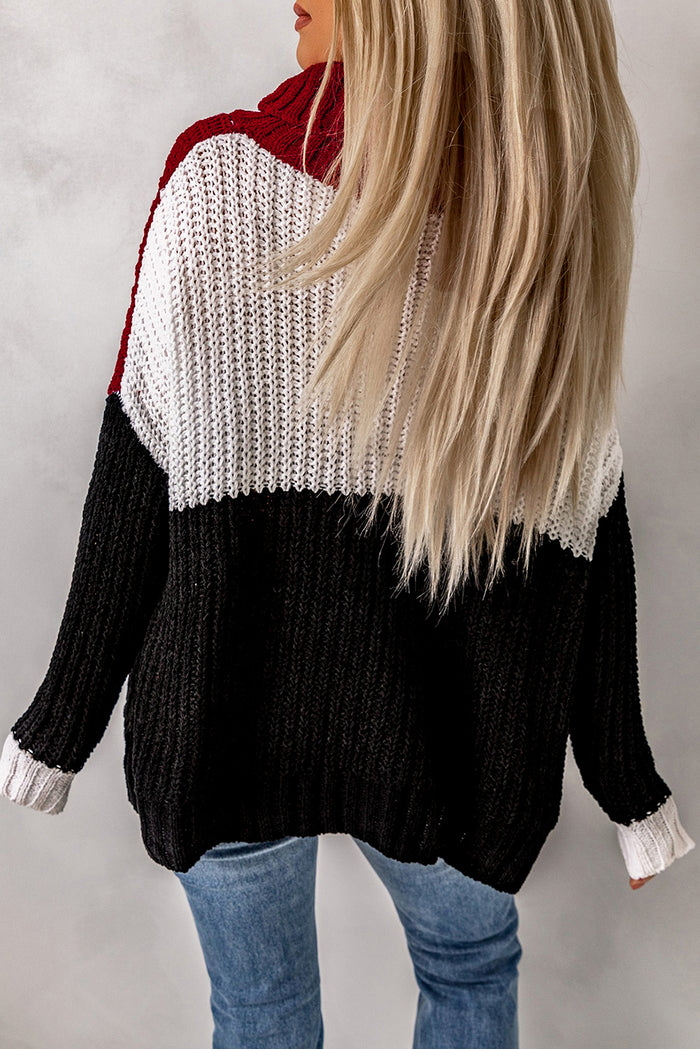 Black Cowl Neck Colorblock Cable Knit Sweater