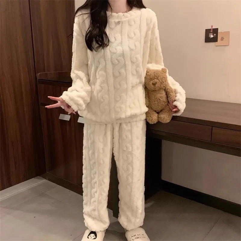 Thickened Warm Sleepwear for Winter Women Flannel Suit Student Pajamas Homewear Tops and Pants Striped Nightwear Loungewear