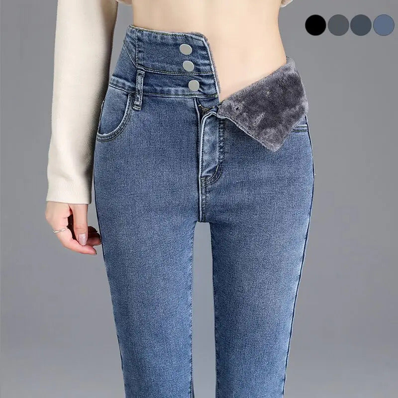 Thermal Winter Thick Fleece High-waist Warm Skinny Jeans Thick Women Stretch Button Pencil Pants Mom Casual Velvet Jeans