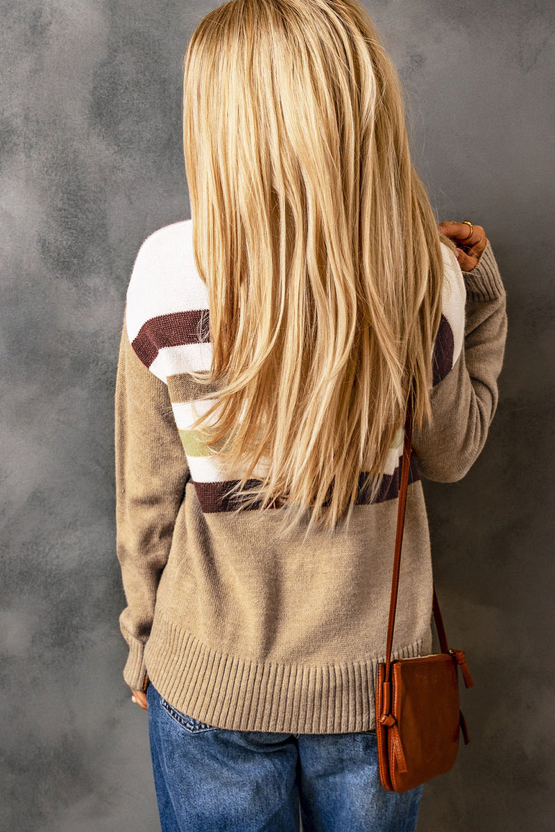 Khaki Crew Neck Striped Long Sleeve Sweater