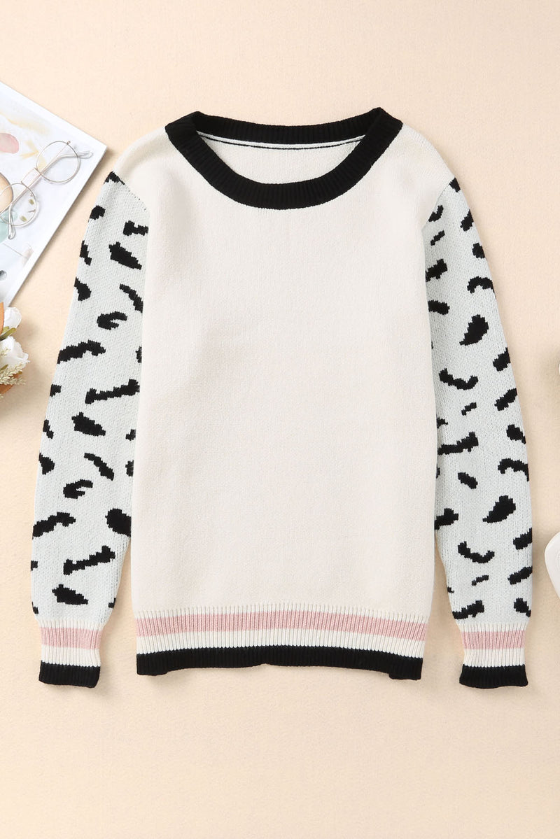 White Leopard Sleeves Contrast Neckline Drop Shoulder Sweater