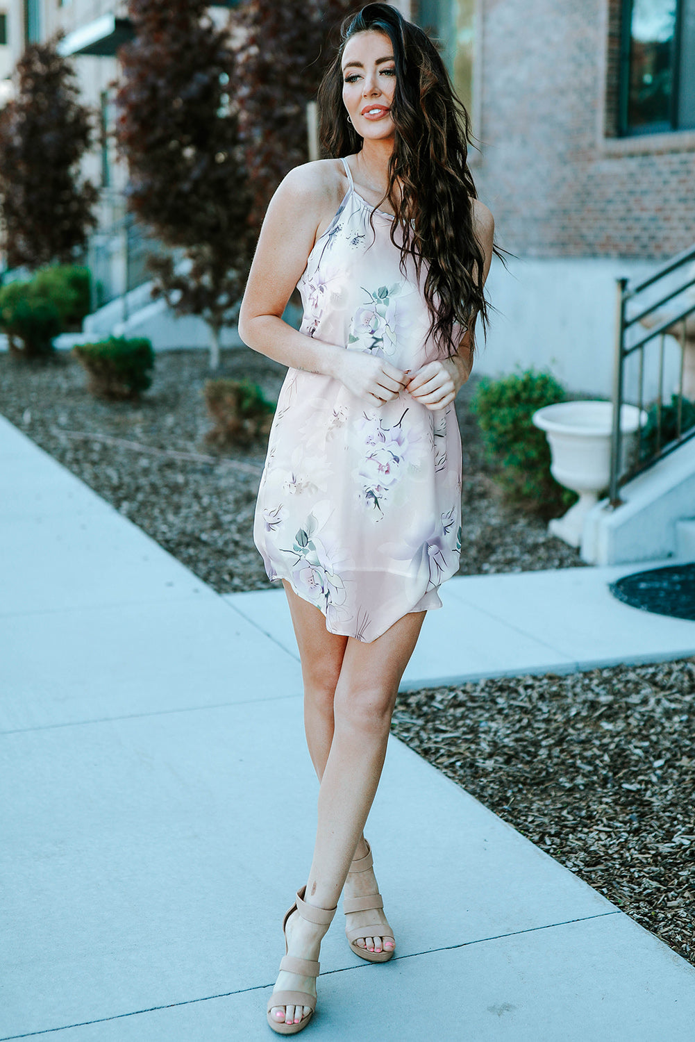 White Palm Tree Leaf Print Ivory Sleeveless Dress