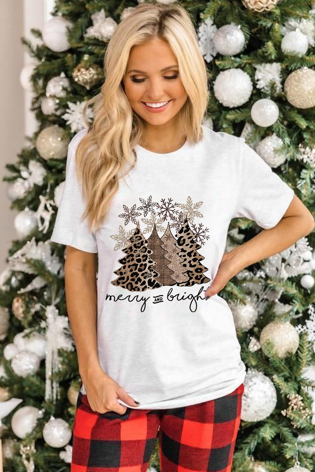 Black Leopard Christmas Tree Graphic Crew Neck T Shirt