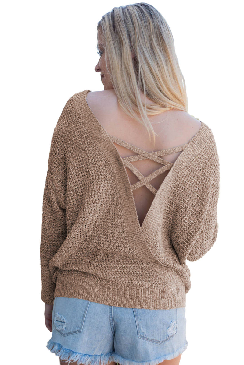 Brown Cross Back Hollow-out Sweater