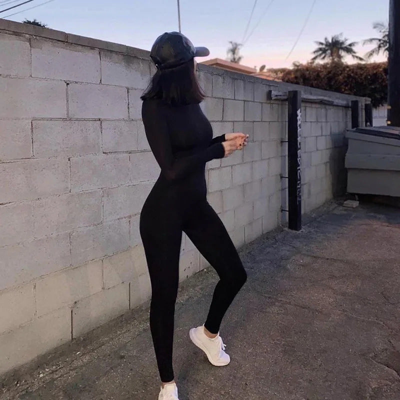 Autumn Long Sleeve Jumpsuits Women Streetwear O-Neck Solid Bodycon Sexy Black Rompers Casual Skinny Fashion Sporty Jumpsuits