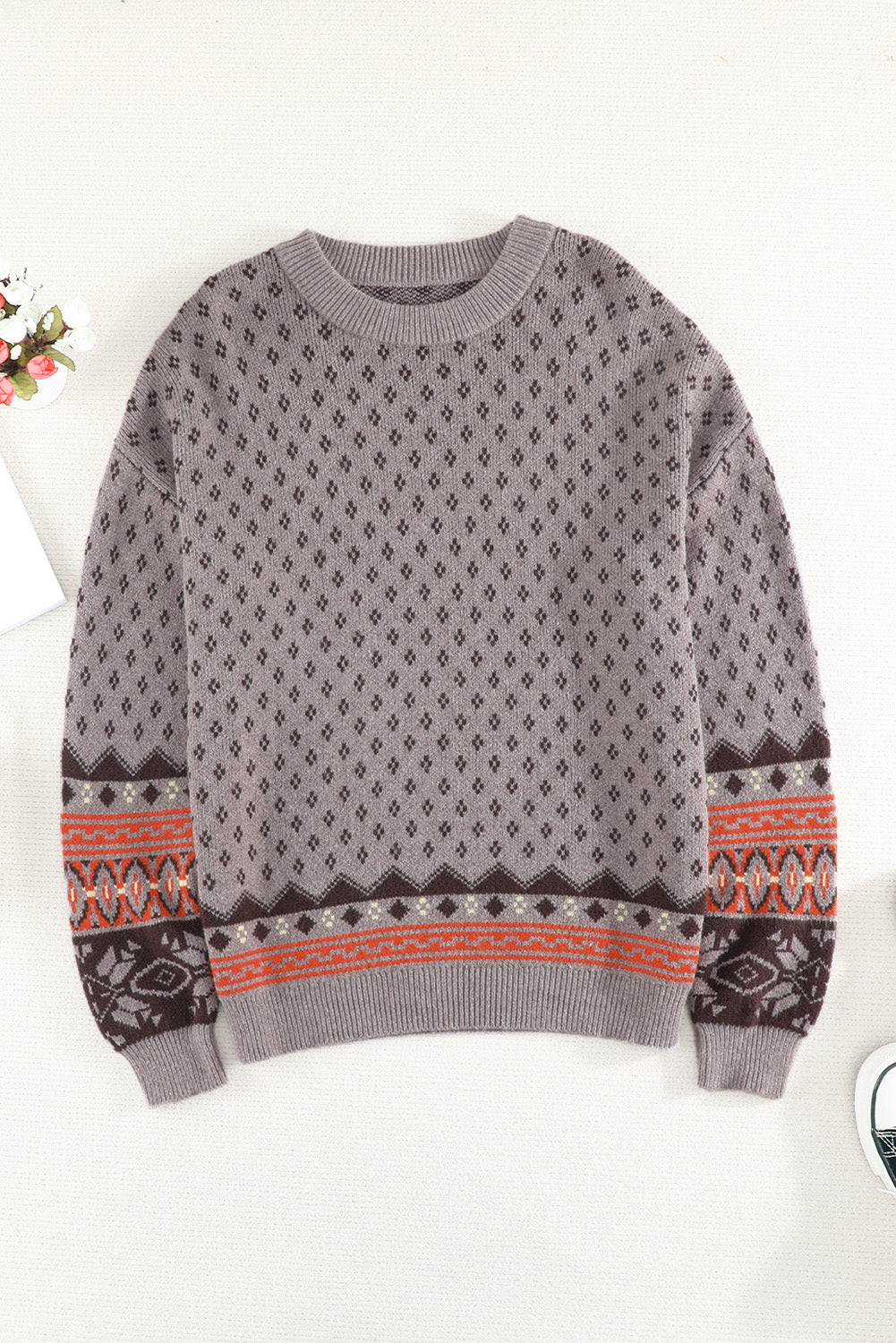 Crew Neck Printed Pullover Sweater