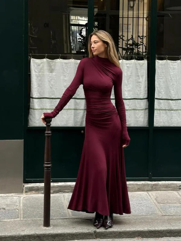 Lady Elegant Burgundy Mock Turtleneck Solid Maxi Dresses Fashion Long Sleeve Slim Hem Party Midi Robe Autumn Evening Dress Women