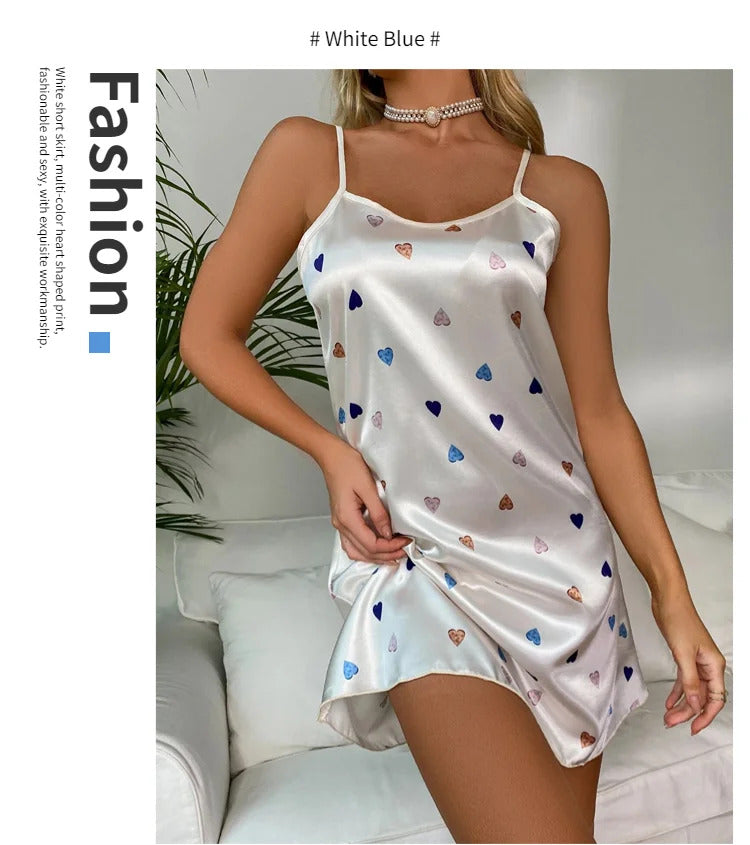 Ladies Sexy Sling Nightgown Nightdress Women's Sexy Lingerie Silk Satin Sleepwear Floral Pinting Nightwear Homewear Mini Dress