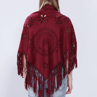 Women's Loose Suede Fringe Open Poncho Cloak Shawl Wrap with Punch Hole Patterns and Graceful Fringes Dropshipping