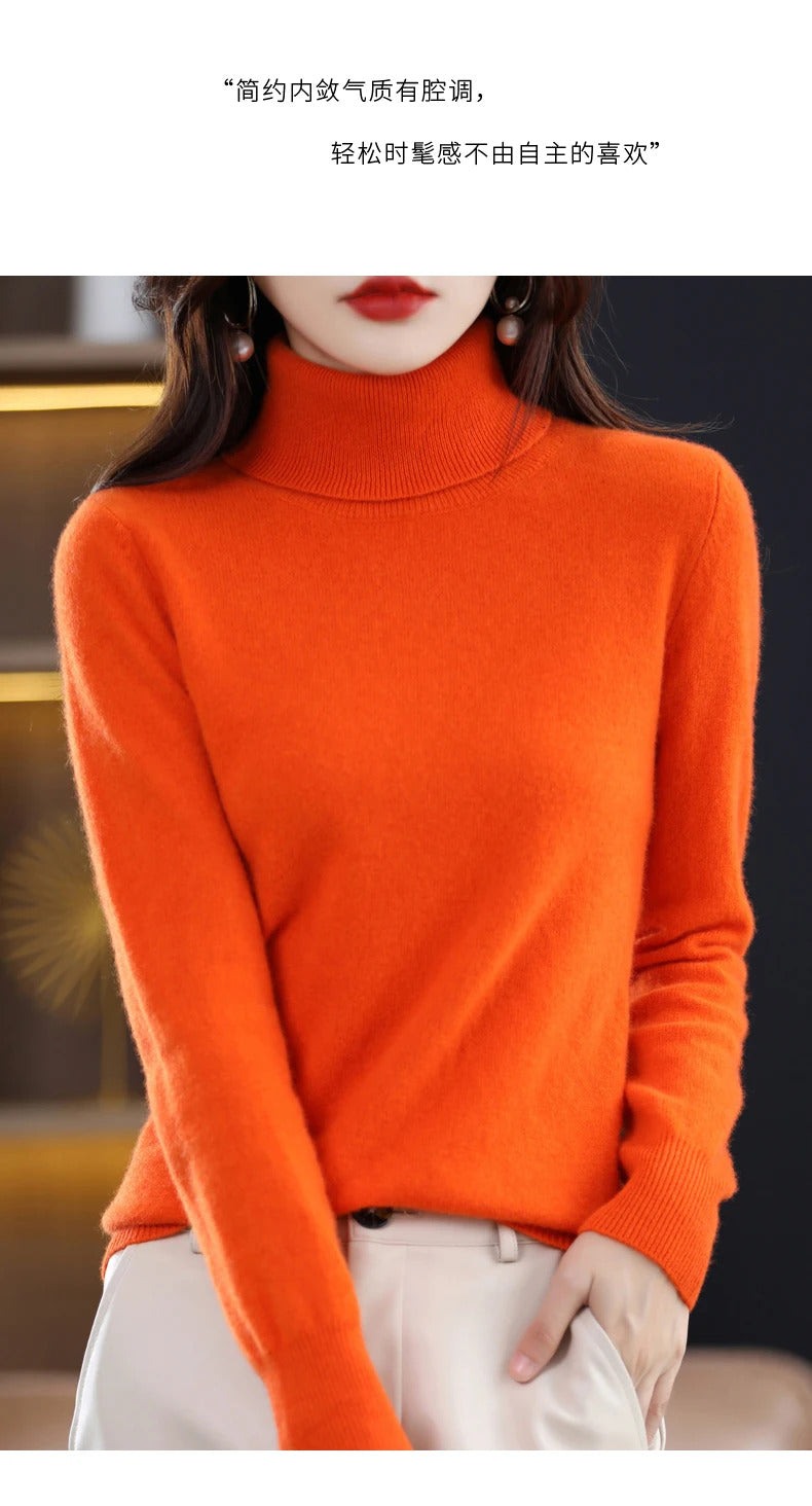 100% Merino Wool Cashmere Sweater Women Knitted Sweater Turtleneck Long Sleeve Pullovers Autumn Winter Clothing Warm Jumper Tops