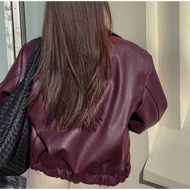 Elegant Burgundy Faux Leather Jackets Women Fashion Lapel Zipper Long Sleeve Female Coats 2024 Autumn Winter Lady Street Outwear