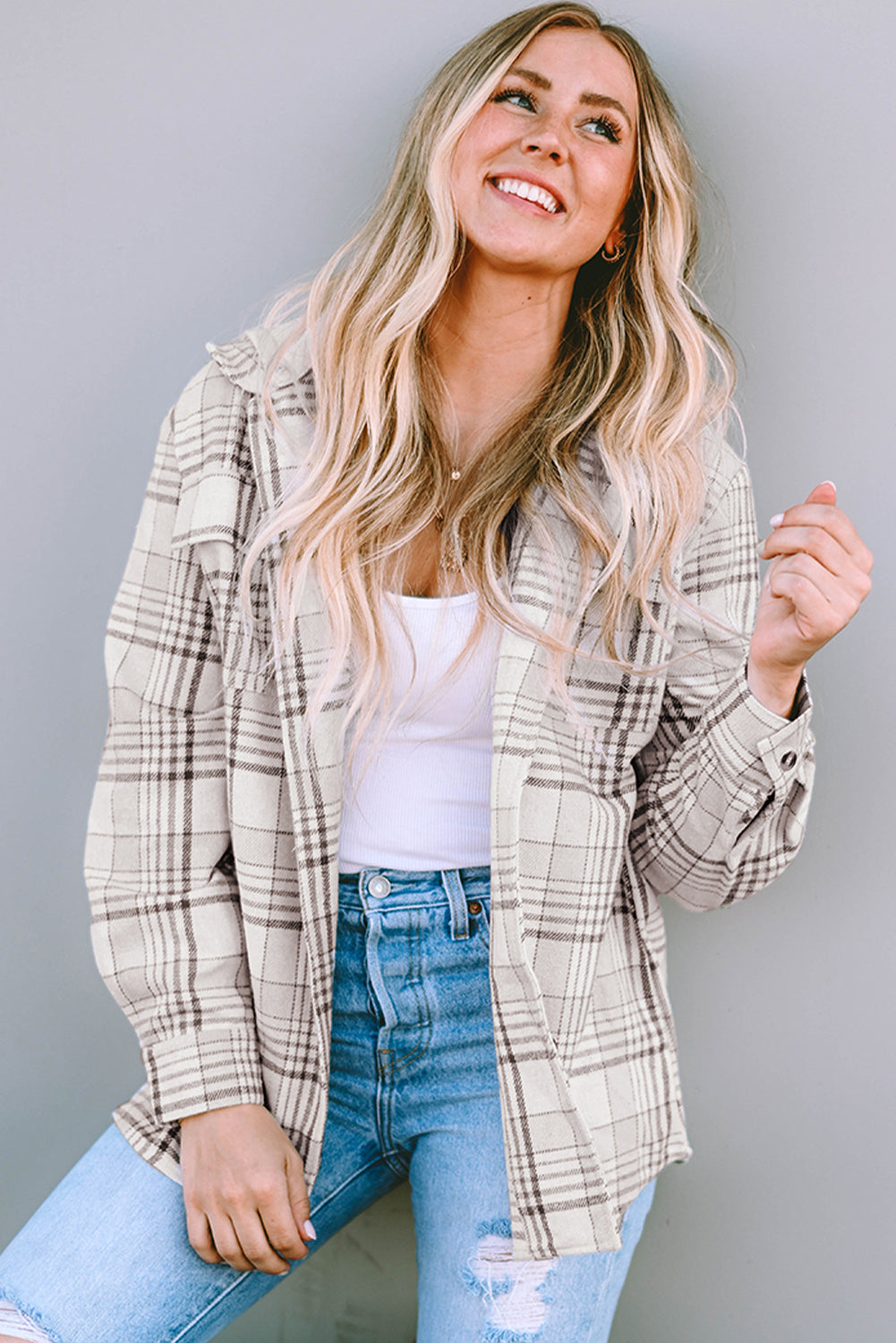 Khaki Plaid Removable Hood Buttoned Shacket