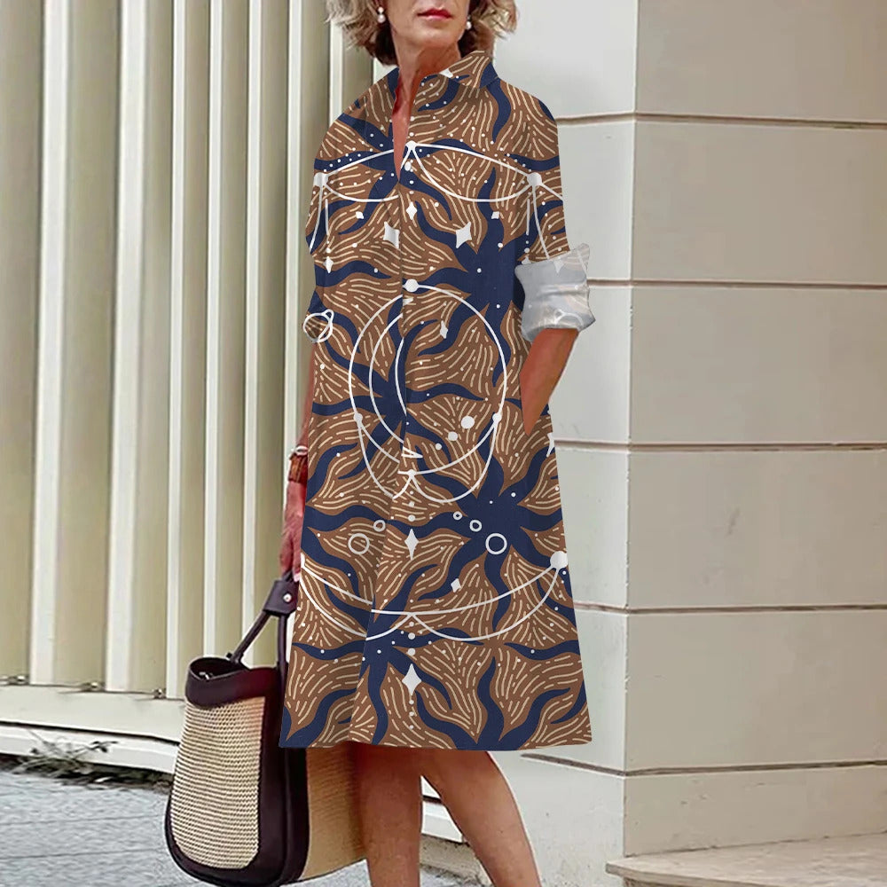 Floral Pattern Shirt Dress Elegant Women's Summer Casual Lapel Long Sleeve Midi Dress High Temperament Fashion Street Shirt