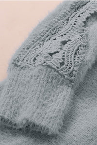 Gray Lace Splicing V Neck Pullover Sweater