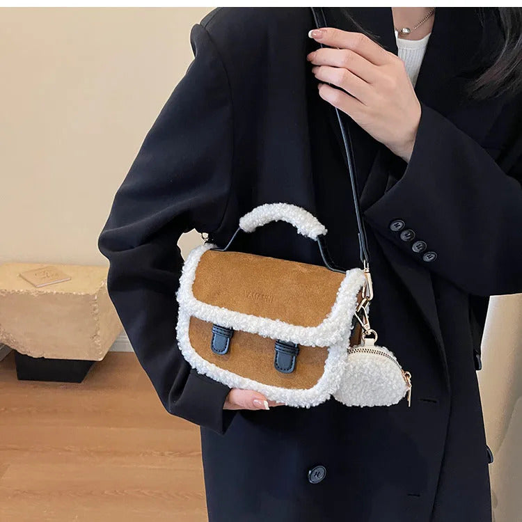 2023 Winter New Women's Plush Small Square Bag Color Contrast Design Single Shoulder Crossbody Bag Brown Handbag